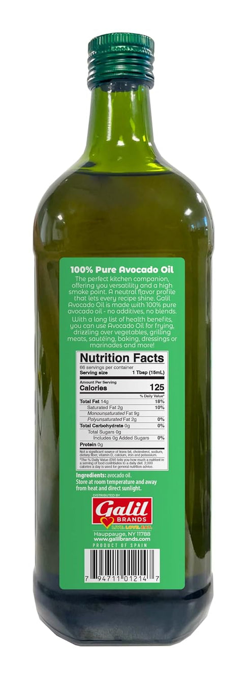 Galil 100% Pure Avocado Oil - High Smoke Point 500Ã‚Â°F Non-GMO, Vegan, Halal Certified - Perfect for Cooking, Baking, SautÃƒÂ©ing, Dressings & Marinades, Rich in Healthy Fats - 1 Liter Glass Bottle