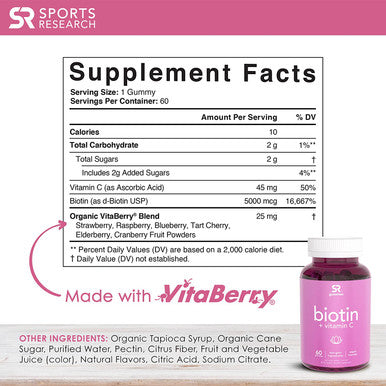Sports Research Biotin Gummies 5000mcg with Vitamin C Vegan NonGMO Verified 60 Vegan Gummies 2 Month Supply
