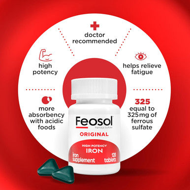 Feosol Original Iron Supplement Tablets, Non-Heme, 325Mg Ferrous Sulfate (65Mg Elemental Iron) Per Iron Pill, 1 Per Day, 120Ct, 4 Month Supply, For Energy And Immune System Support, Made In Usa