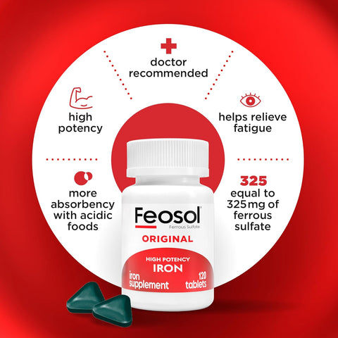 Feosol Original Iron Supplement Tablets Non-Heme 325Mg Ferrous Sulfate (65Mg Elemental Iron) Per Iron Pill 1 Per Day 120Ct 4 Month Supply For Energy And Immune System Support Made In Usa