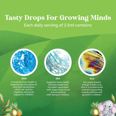 Natures Craft Liquid Omega 3 EPA DHA for Kids - Organic Vegan Omega 3 for Kids Brain Eye and Full Body Development with Vegan DHA EPA & ALA - Kids Omega 3 Liquid Supplement with Algae & Flaxseed Oil Liquid 2 Fl Oz