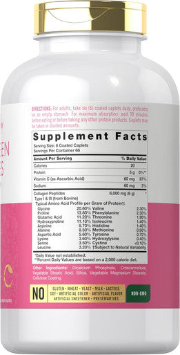 Carlyle Collagen Peptides 6000mg | 400 Caplets | with Vitamin C | Type 1 and 3 | Non-GMO Gluten Grass Fed Supplement