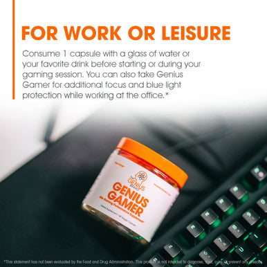 Genius Gamer, Gaming Focus Supplement, 80 Pills - E Nootropic Performance Booster - Boost Brain & Mental Clarity, Reaction Time & Concentration - Blue Light Support with Lutemax