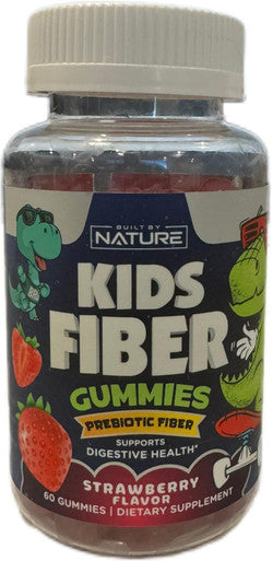 Built Nature Kids Fiber Gummies, Daily Chicory Root Fiber Supplement, Plant Based, Non-Gmo, For Digestive And Intestinal Gut Health, Low Sugar Prebiotic Fiber Gummy For Children, Strawberry Flavored, 60 Gummies