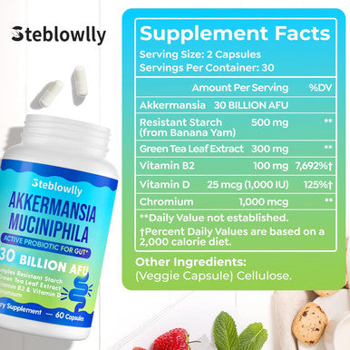 Akkermansia Probiotic, Akkermansia Muciniphila, Glp-1, Live Strain Probiotics For Women & Men, Glp-1 Supplement For Gut Health, Digestive, Metabolic, Immune, With Chromium, Green Tea Leaf, 60 Capsule