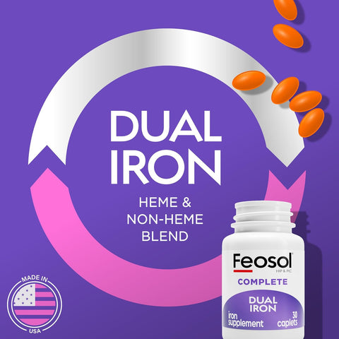 Feosol Complete Iron Supplement Caplets Bifera Iron for High Absorption Heme and NonHeme Dual Action Minimizes 1 Per Day for Energy and Immune System Support Made in USA 30 Count