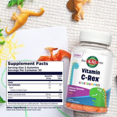 KAL Vitamin C-Rex Kids' Gummies, Vitamin C Gummies for Kids, Healthy Immune, Bone, Muscle & Skin Support Vitamin C Gummy, Vegan, Gluten , 60 Day , 30 Servings, 60 Gummies