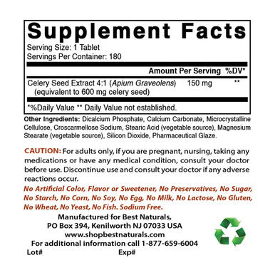 Best Naturals Celery Seed 600 Mg Tablet, 180 Count