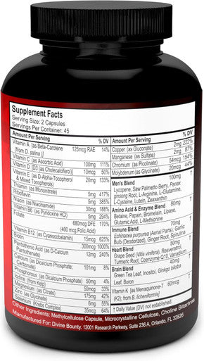 Divine Bounty Mens Multivitamin Ã¢â‚¬â€œ Daily Multivitamin For Men With Vitamin A C D E K B Complex, Calcium, Magnesium, Selenium, Zinc Plus Heart, Brain, Immune, And Men'S Multivitamins Ã¢â‚¬â€œ 90 Vegetarian Capsules