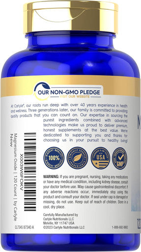 Carlyle Magnesium Oxide 500mg | 120 Capsules | Premium Quality | Non-GMO and Gluten Supplement