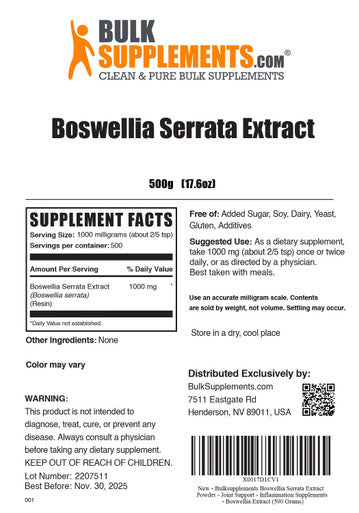 BulkSupplements Boswellia Serrata Extract Powder - Boswellia Powder - Frankincense Resin - Boswellia Serrata Powder - 1000mg of Boswellia Extract (500 Grams - 1.1 lbs)