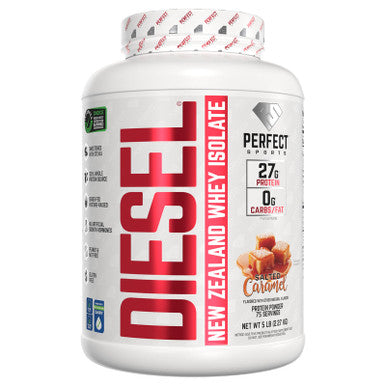 PERFECT SPORTS Diesel 100% New Zealand Whey Protein Isolate Stevia Sweetened No Artificial Ingredients Keto 0g Carb 0g Fat 27g Protein 5 Pounds Salted Caramel