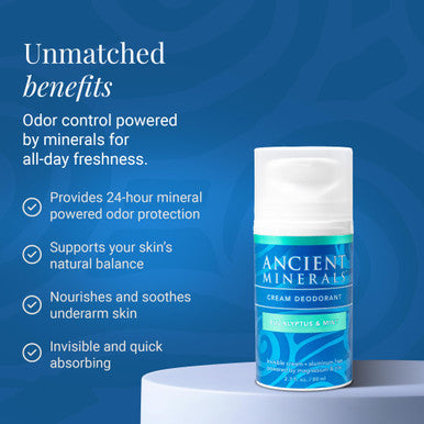 Ancient Minerals Natural Deodorant Cream Eucalyptus & Mint Scent Aluminum-Free Vegan Deodorant for Women and Men with Magnesium Zinc & Vitamin E for Sensitive Skin 2 oz
