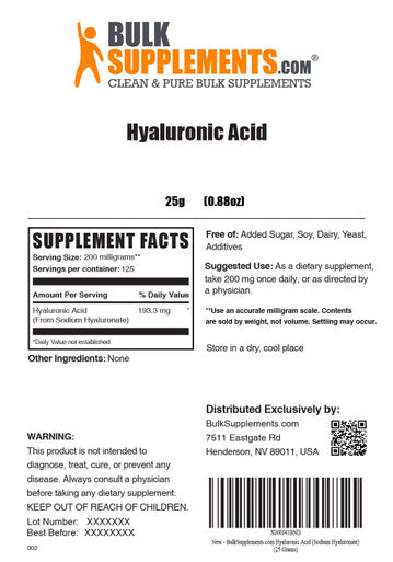 BulkSupplements Hyaluronic Powder - Hyaluronic Supplements for Skin and Joints - 200mg of Pure Hyaluronic - Hyaluronic Food Grade (25 Grams - 0.88 oz)