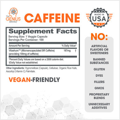 Genius Pills 100mg, Extended-Release Microencapsulated Pills - All- Non-Crash Sustained Energy, Focus & Concentration Supplement - Nootropic Brain Booster - 100 Capsules