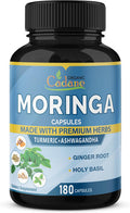 Organic Cadane Moringa Extract Capsules 6450Mg 6 Months Supply With Ashwagandha Root Tulsi Ginger Turmeric - Energy Booster Immune System - 180 Capsules