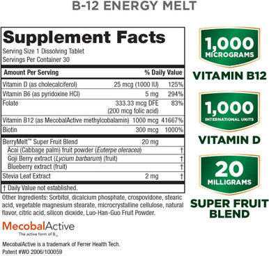B12 Energy Berry Lemonade Melt w/ Super Fruits by Purity Products Methylcobalamin B12 Vitamins B6 D3 Folic Acid and Biotin High Absorption MecobalActive B 12 30 Melting Tablets
