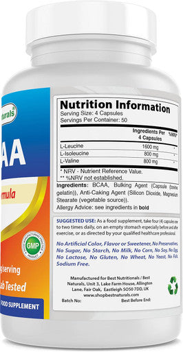 Best Naturals BCAA Branch Chain Amino Acid 3200mg per Serving 200 Capsules - Pharmaceutical Grade - 100% Pure Instantized Formula | Pre/Post Workout Bodybuilding Supplement | Boost Muscle Growth