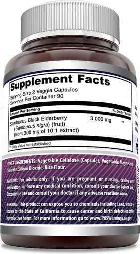 Amazing Nutrition Formulas Sambucus Black Elderberry Supplement | 3000 Mg Per Serving | 180 Veggie Capsules Supplement | Non-GMO | Gluten | Made in USA