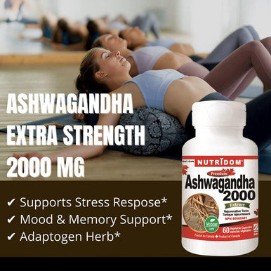 Ashwagandha Root Extract 500 mg (2000 mg Raw Equivalent), 4:1 Concentrate Ratio, 60 Vegan Capsules, Stress Relief & Mood Support Supplements, Non-GMO, Made in Canada