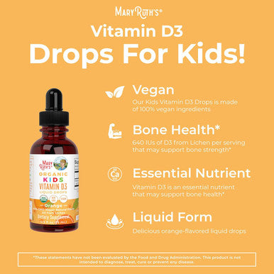 Maryruth Organics USDA Organic Vitamin D3 Liquid Drops for Kids | 640 IU Vitamin D3 Per Serving | Kids Immune Support & Bone Health Supplement | Formulated for Ages 4-13 | 0.5oz | 30 Servings