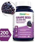 NusaPure Grape Seed Extract 40,000mg per Caps, 200 Vegan Capsules | Standardized, Non-GMO, with Resveratrol