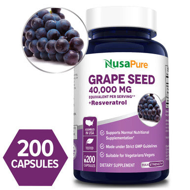 NusaPure Grape Seed Extract 40,000mg per Caps, 200 Vegan Capsules | Standardized, Non-GMO, with Resveratrol