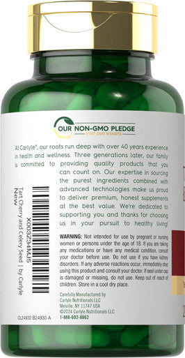 Carlyle Tart Cherry and Celery Seed Supplement | 200 Capsules | Vegetarian Non-GMO and Gluten