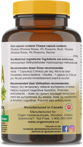 Rhodiola Rosea 200 mg 4% Rosavin I Relieves Stress I Health Canada Registered 60 v caps