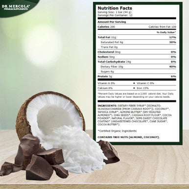 Dr. Mercola, Organic Cocoa Cassava with Coconut and Chia Seeds, 1 Box (12 Bars), Chocolate-Coated Gourmet Snack Bar, Non GMO, Soy , Gluten , USDA Organic