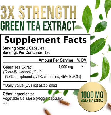 Nature'S Nutrition Green Tea Extract Capsules 1000mg 98% Standardized EGCG - 3X Strength for Natural Energy - Heart Support with Polyphenols - Gentle Caffeine - 240 Capsules
