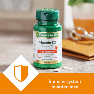 Nature's Bounty Vitamin D3 25 G (1000 Iu) Tablets - Pack Of 100 Tablets One-A-Day - High Strength Vitamin D - Bone Muscle And Immunity Support - Suitable For Vegetarians
