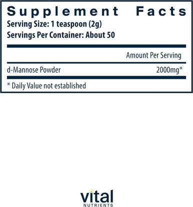 Vital Nutrients Mannose Powder 100g | Vegan D-Mannose Supplement for Urinary Tract and Bladder Support | Gluten Dairy Soy | Non-GMO | 50 Servings