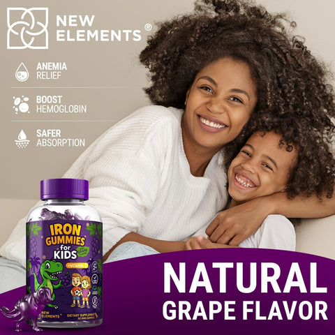 Elements Iron Dinosaur Gummies For Kids With Vitamin C Sugar- Vegan Gluten- & Non-Gmo Anemia Relief Energy & Blood Health Support Grape Flavor Pectin-Based For Optimal Health