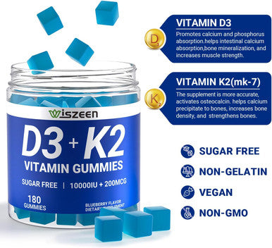 Sugar-Vitamin D3 K2 Gummies, Vitamin D3 10000Iu & Vitamin K2(Mk7) 200Mcg With Calcium, D3 K2 Vitamin Supplements For Adults - Bones Muscle Teeth Immune Support