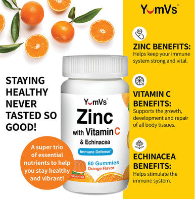 Zinc Vitamin C And Echinacea Gummies For Adults And Kids By Yumvs Chewable Gummy - Vegetarian, Halal, Kosher Orange Flavor - 60 Count
