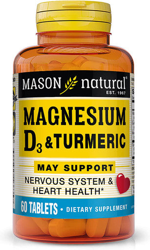 Mason Natural Magnesium & Vitamin D3 with Turmeric - Healthy Heart and Nervous System, Strengthens Bones and Muscles, Improved Joint Health, 60 Tablets