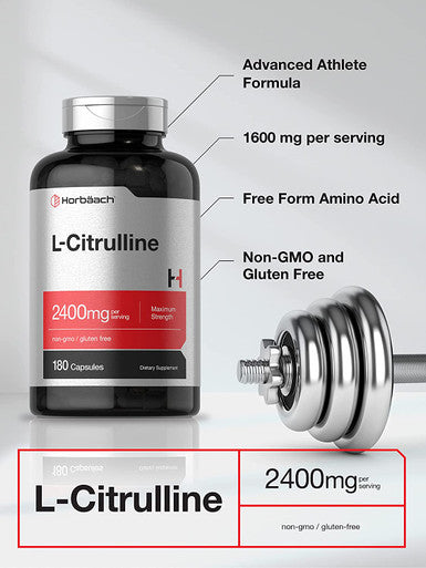 L Citrulline 2400 mg per Serving | 180 Capsules | Maximum Strength, Free Form Amino Acid | Non-GMO, Gluten Free L-Citrulline Supplement | by Horbaach
