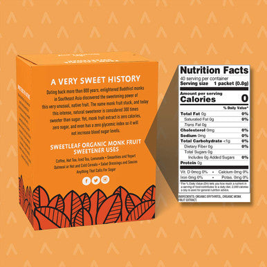 Sweetleaf Organic Monk Fruit Sweetener Granular Zero-Calorie Natural Sugar Substitute for Coffee Tea and Baking Organic Monk Fruit Non GMO Keto Friendly 0 Sugars - 40 Packets