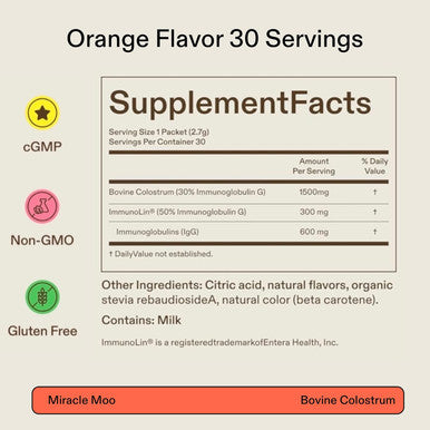 Miracle Moo Colostrum Unflavored 60 Serving + Colostrum Orange Stick Packets 30 Servings