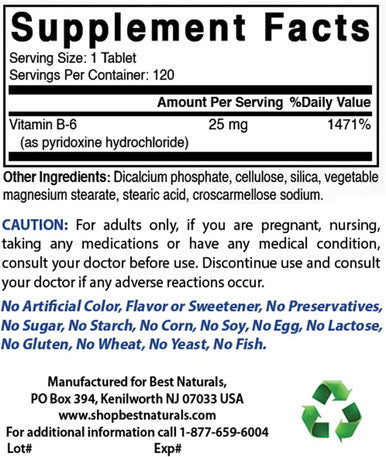 Best Naturals Vitamin B6 25mg 120 Tablets (120 Count (Pack of 1))