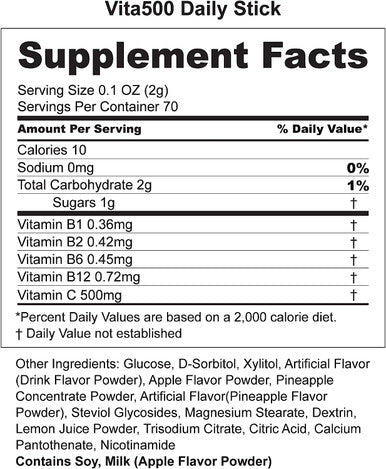 [KWANGDONG] Vita500 Daily Stick - Multivitamin Powder, Vitamin C 500mg, Vitamin B Complex (Vitamin B12, B6, B1, B2), Immune Support, Vita 500 Supplement (2g x 70 Sticks Total)
