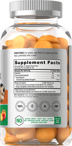 Ginger Supplement | 120 Gummies | Peach Flavor Chews | Ginger Complex with Turmeric | Vegan, Non-GMO, Gluten Free | by Horbaach