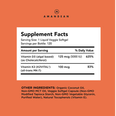 Amandean Vitamin D3 K2. Vegan D3 5000 iu from Algae. All- MK-7 K2. 120 Softgels. Plant-Based & Carrageenan Free. Organic Coconut Oil Blend. Vit D + K for Mood, Bones, Heart, Teeth, Immune Health.