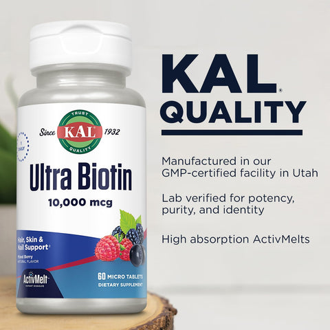 KAL Ultra Biotin 10000mcg Biotin Hair Supplement for Women and Men High Potency Vitamin B7 Healthy Hair Skin and Nails Cellular Energy Support Natural Berry Flavor 60 Micro Tablets