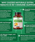 Zazzee Extra Strength 8-in-1 Immune Support, 180 Vegan Capsules, 1400 mg per Capsule, 1000 mg Vitamin C, 1000 IU mg D3, Zinc, Elderberry, Echinacea, Goldenseal, Turmeric and Astragalus, All-Natural