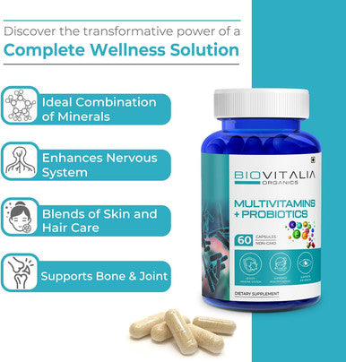 Biovitalia Multivitamins + Probiotics Dietary Supplement For Men & Women Immunity Booster Helps Improve Digestion And Absorption Of Nutrients - 60 Veg Cap