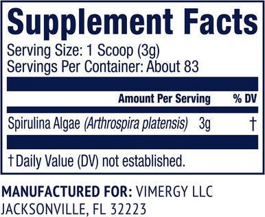 Vimergy Natural Spirulina Powder, 83 Servings Super Greens Powder Nutrient Dense Blue-Green Algae Superfood for Smoothies & Juices Immune Support - Non-GMO, Gluten-Free, Vegan & Paleo (250g)