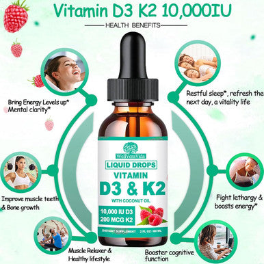 WellVeraVida D3 K2 Vitamin 10000Iu, Liquid Drop Vitamin D3 With K2 (Mk-7)200Mcg Coconut Oil, 6X Stronger Than D3 K2 Sofegels, Magnesium Zinc For Absorption -K2 D3 Vitamin Supplement For Joint Teeth & Bone Health