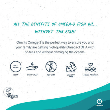 Omvits Vegan Omega 3 DHA from Algae Oil 1000mg - 60 Softgel Capsules with Vitamin E - Sustainable Algal Alternative to Fish Oil - Vegetarian Essential Fatty Acids - Supports Heart Brain & Eyes